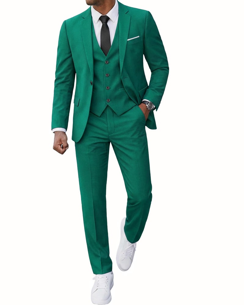 YND Men's 3 Piece Slim Fit Suit, One Button Solid Jacket Vest Pants Set with Tie, for Wedding Party Proms and Business, Green - Image 1
